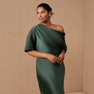 NWT Anthropologie Amsale Pryce Off-Shoulder Satin Hunter Green Gown Size 10